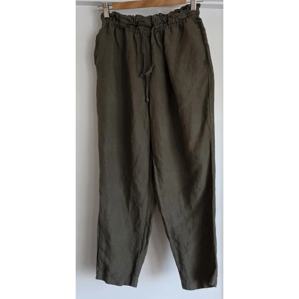 H&M Womens Linen Blend Pants Size S Olive Green Cropped Trousers Slacks